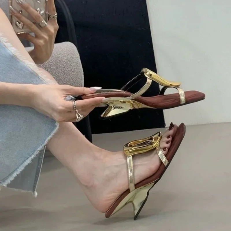 Gold Sexy Designer Wedding Elegant Shoes Women Sandals Stiletto High Medium Heel Open Toe Luxury Fashion Party Women Shoes