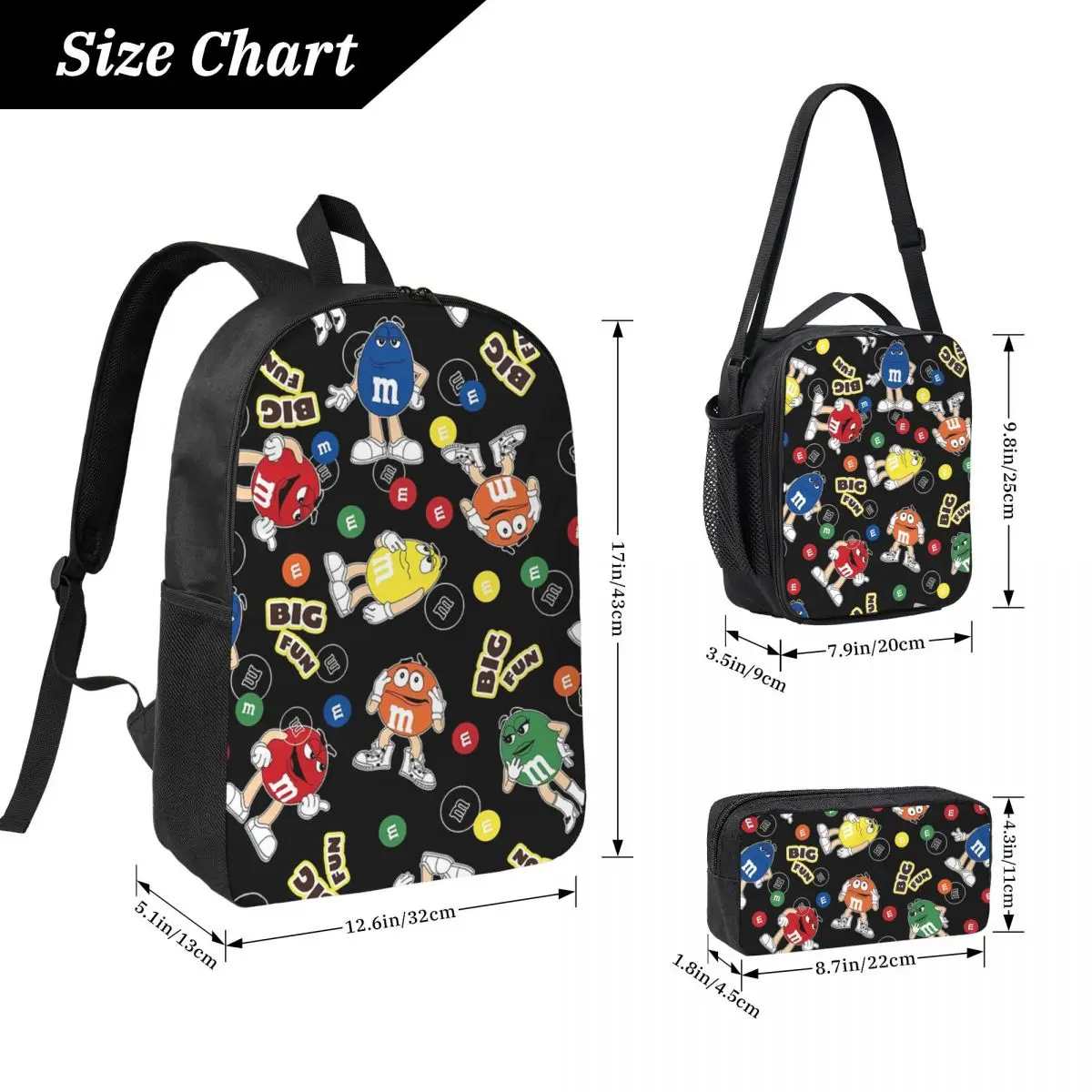 Funny M And M's Candy Backpack Student Boys Girls BookBag School Bag Computer Shoulder Bags 3ps Insulated Lunch Bag Pencil Case