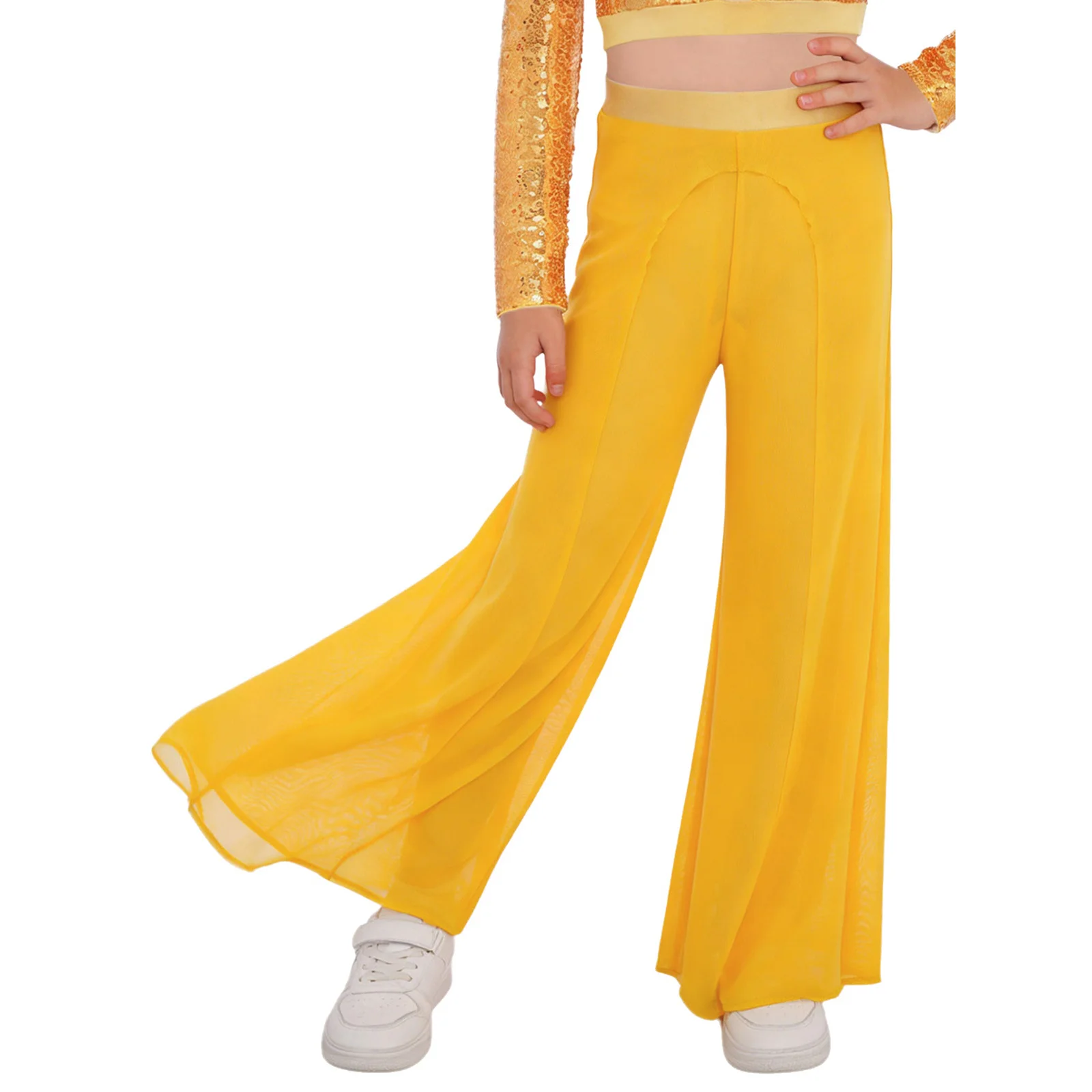 Kids Girls Lyrical Dance Pants Elastic Waistband Wide-Leg Mesh Pants with Built-in Briefs for Competition Performance
