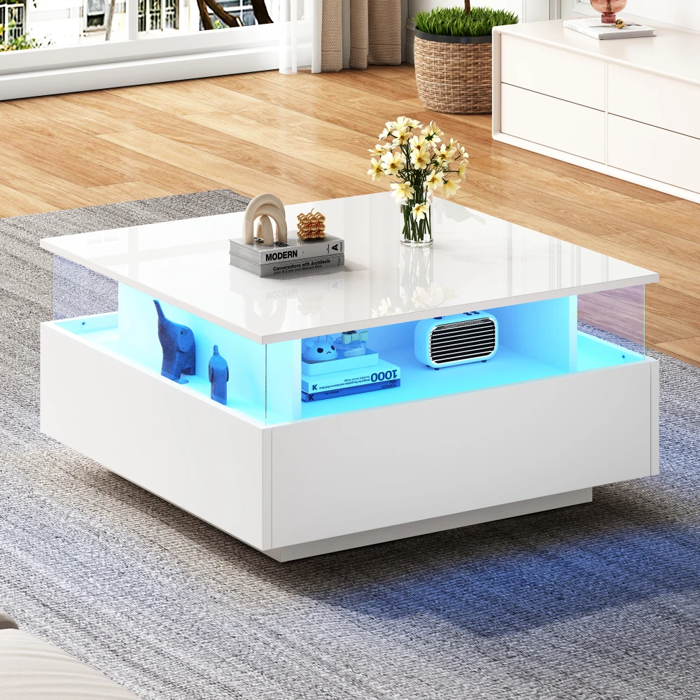 70 x 70 x 41 cm großer moderner Hochglanz-LED-Couchtisch mit 2 Schubladen und transparentem Präsentationsbereich, belastbar bis zu 30 kg – Detail 31