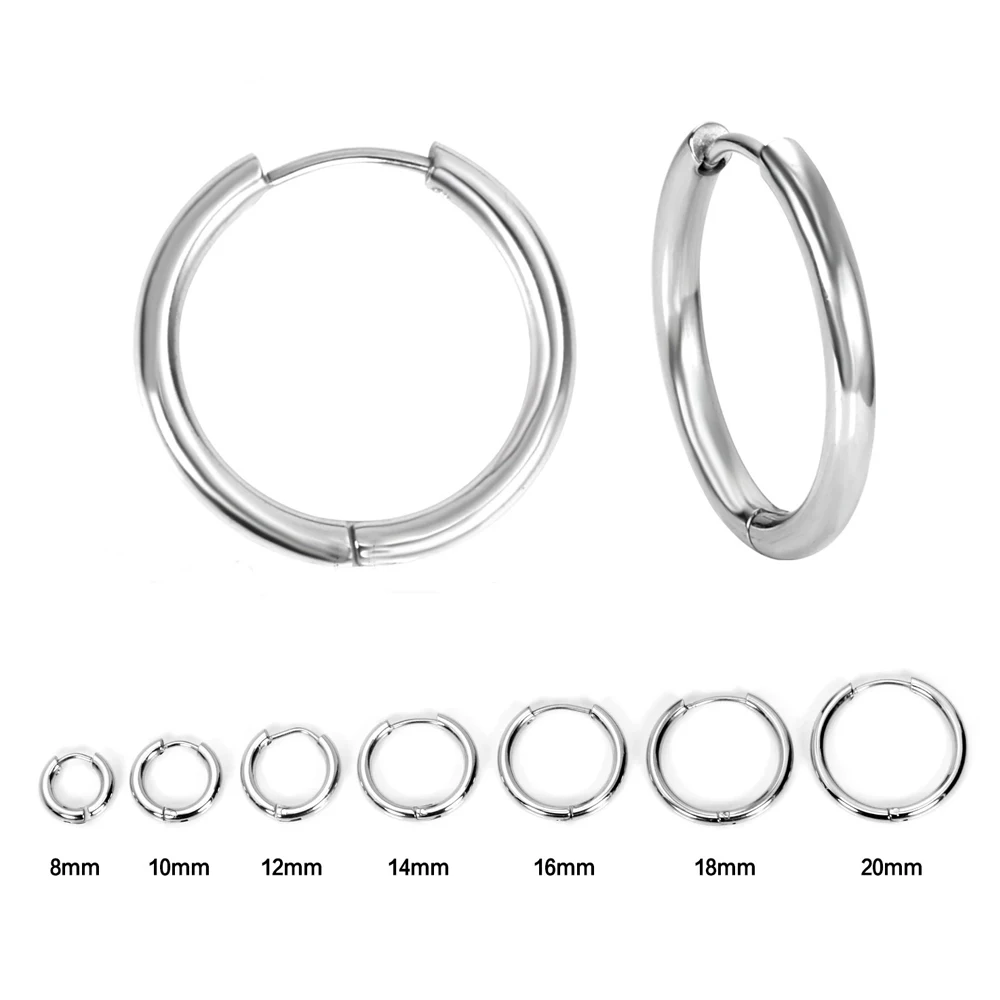 Stainless Steel Round Hoop Earrings For Women Men Black Silver Color Not Fade Chunky Small/Large Ear Jewelry 2Pcs