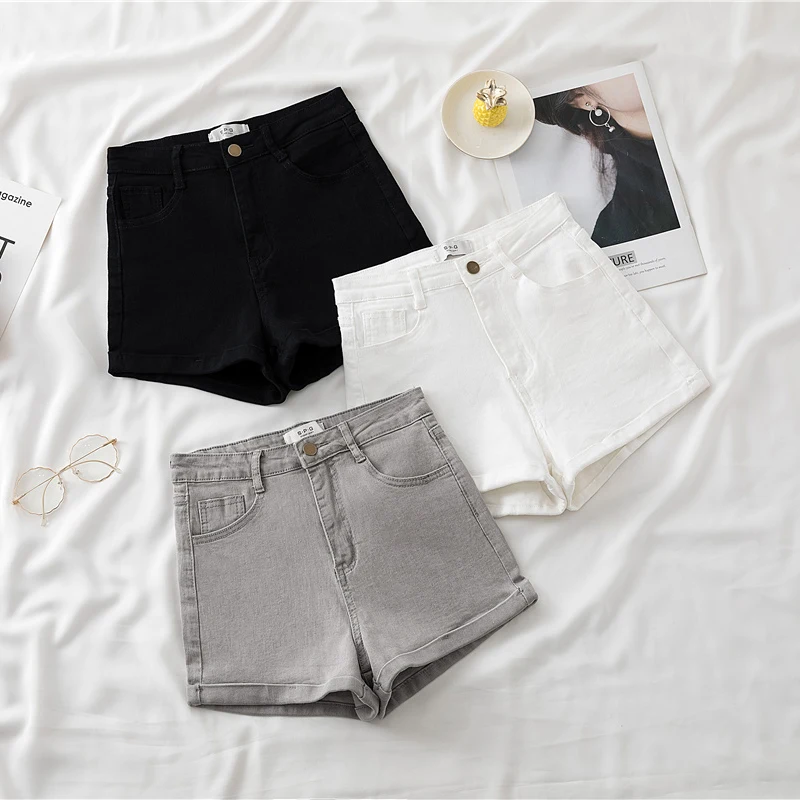 Chic High Waist A-Line Denim Shorts Women's Summer Elastic Jeans High Waist Flared Cuffed Washed Button Zipper Closure Cool F...