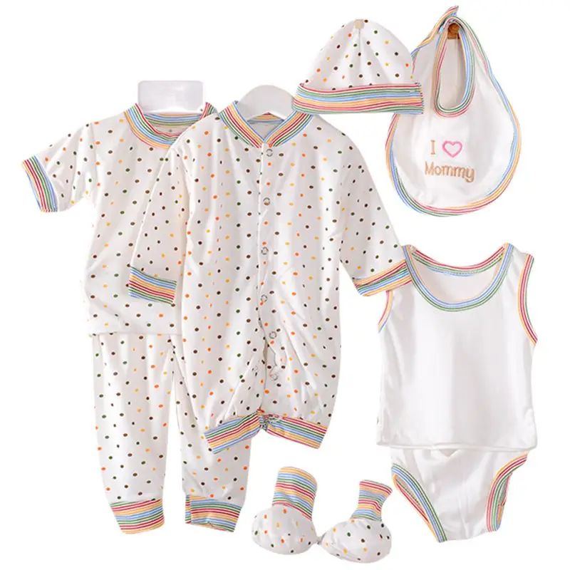 Newborn Baby Cotton Striped Polka Dot Clothing Set Baby 8 Piece Bib Hat Bodysuit Underwear Pajamas Socks 0-1 Years Old