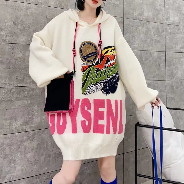 

Hsa Women 2023 Long Sweater and Cardigans Hooded Cartoon Printed Kawaii Sweater and Jumpers Loose Tops High Street Pullovers