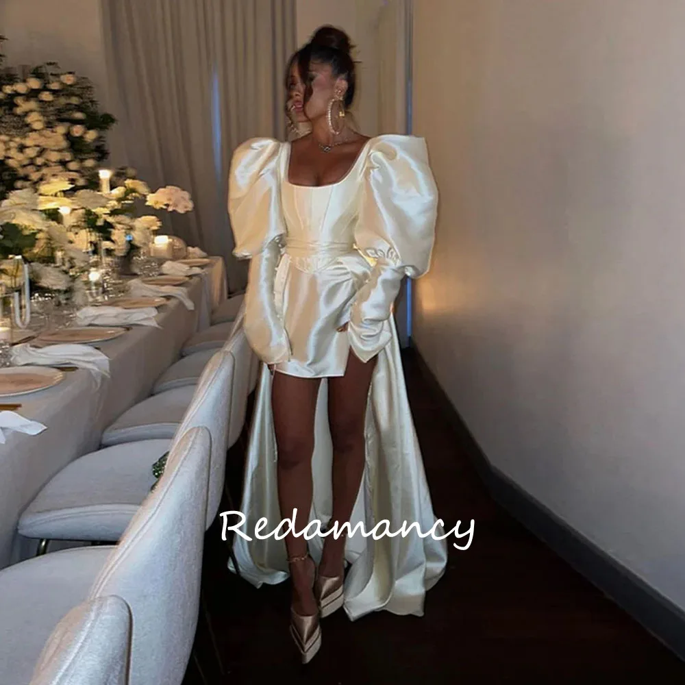 

Redamancy Arabia High Low Wedding Dress Long Sleeves Vintage Satin Dress Women Elegant Party Long Train Vestidos Novias Boda