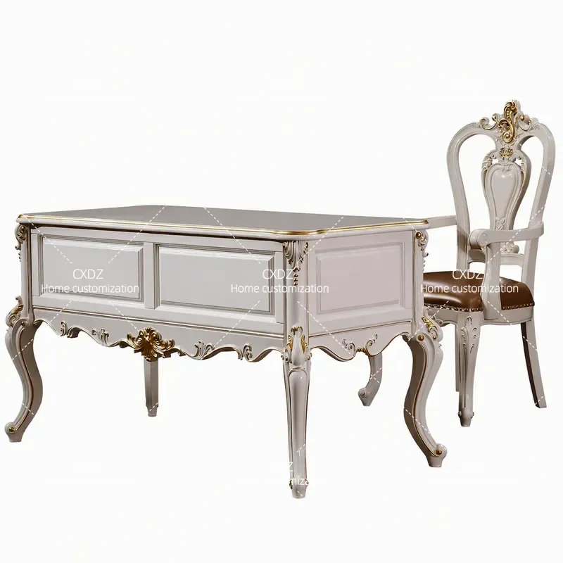 Solid Wood Desk White Gold Painted Silver Oak Engraved Study Table American Luxury Computer Desk Home Office Furniture