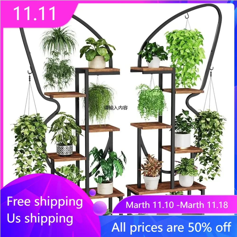 6-layer indoor butterfly shaped plant rack, tall metal plant rack with 6 plant hooks and 12 adjustable feet (set of 2)