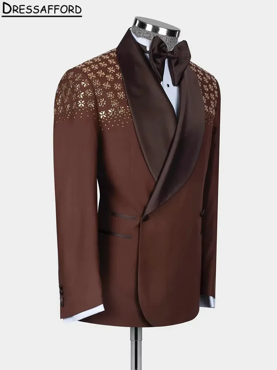 Elegant Two Pieces Evening Party Men Suits Gold Crystal Beading Blazer Groom Wear ( Jacket + Pants )