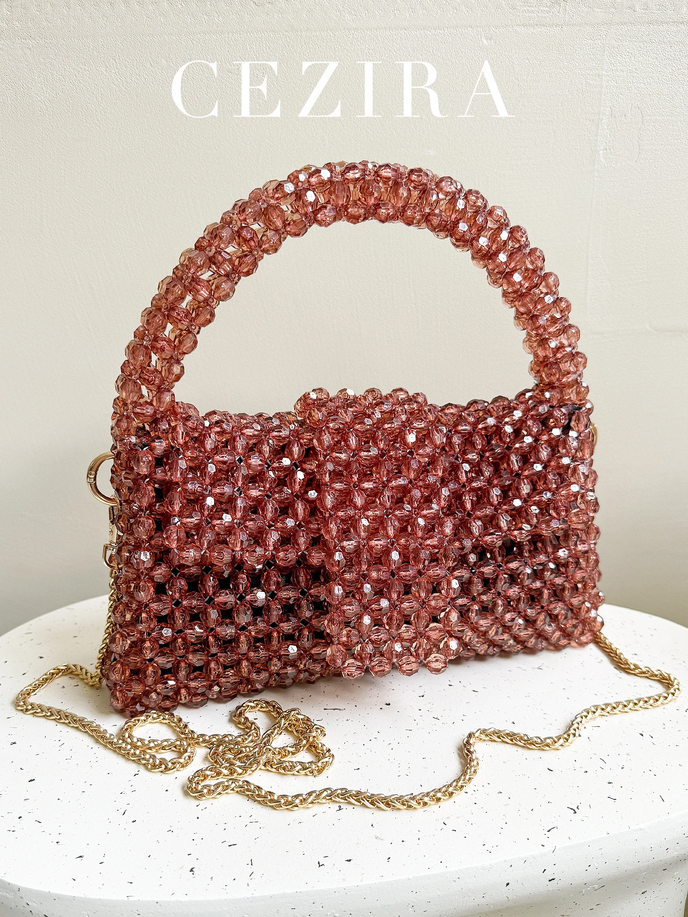 

CR Women Luxury Handmade Beaded Handbag Acrylic Beads Hollow Out Flap Cover Small Top-handle Bag Woven Long Chain Shoulder Purse