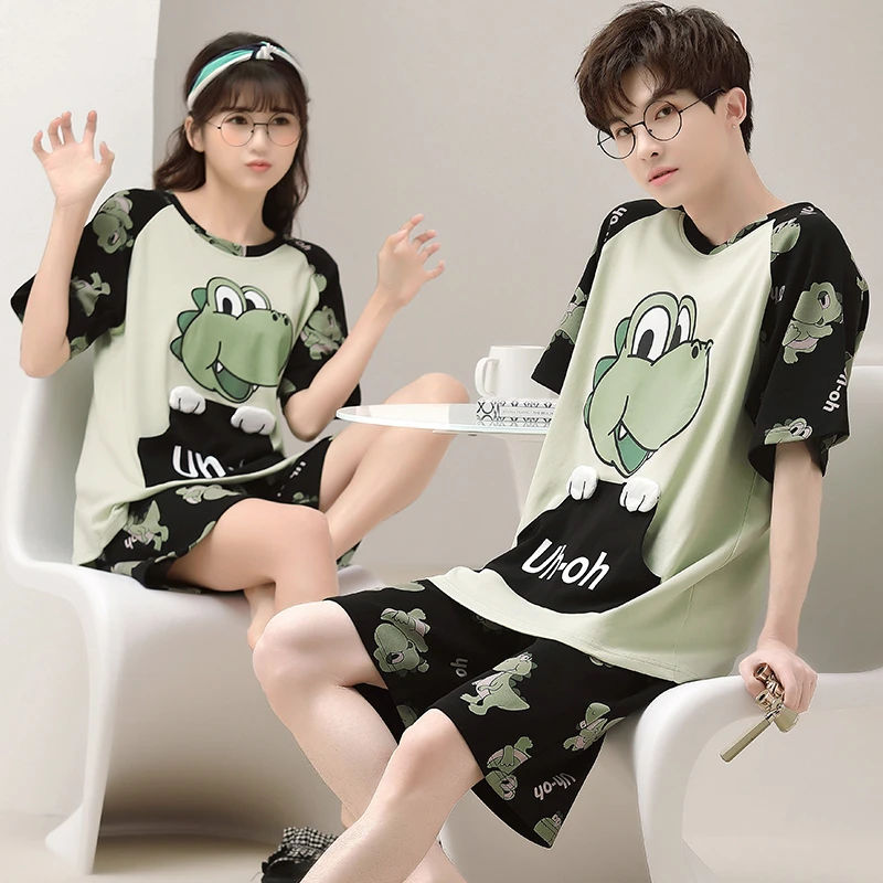 Conjunto de Pijama de verano para hombre y mujer, ropa de dormir con diseño de gato de Anime, de manga corta, holgada, coreana, para el hogar