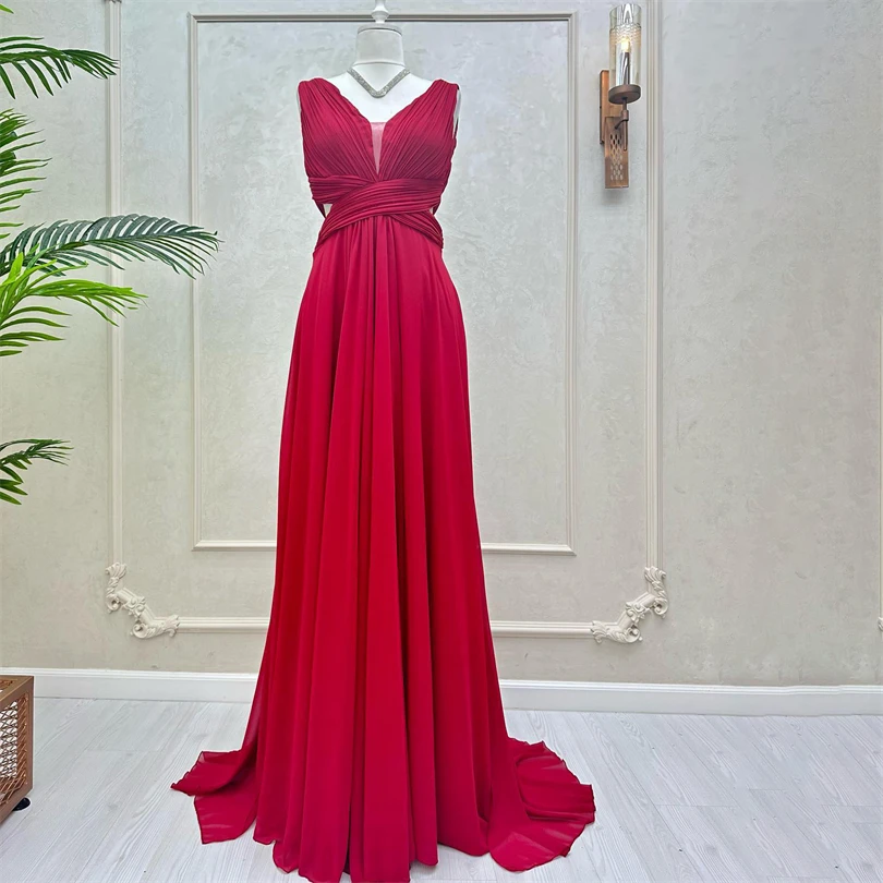 

Elegant V Neck Chiffon Prom Dresses Sleeveless A-Line Floor-Length Formal Occasion Sweep Train Dress Pleat Evening Party Gowns