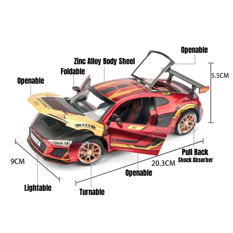 Auti r8 v10子供用レーシングカー玩具、1:24ダイキャストメタルミニチュア、プルバックサウンドとライトコレクション、男の子へのギフト