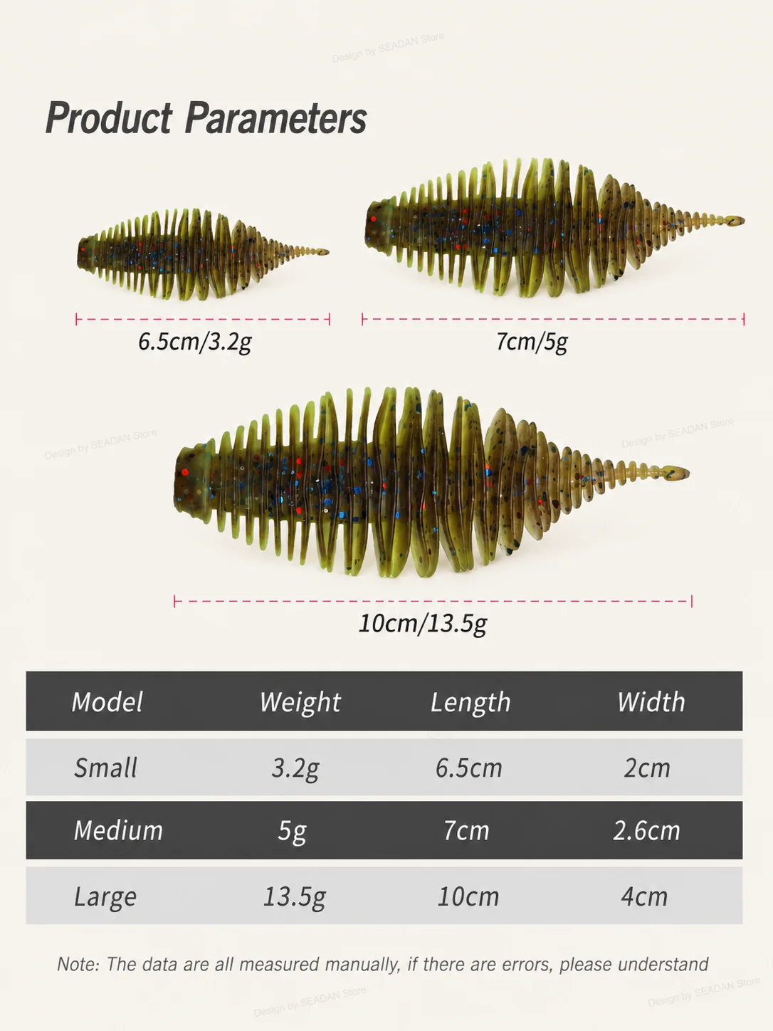 Hopeblaze Needle Tail Soft Worm Lures, 5 Stück, gerippter, flacher Blatt-Raupenköder mit Schweinehautduft, verschiedene Größen für Barsch, Brassen, Süßwasser – Detail 2