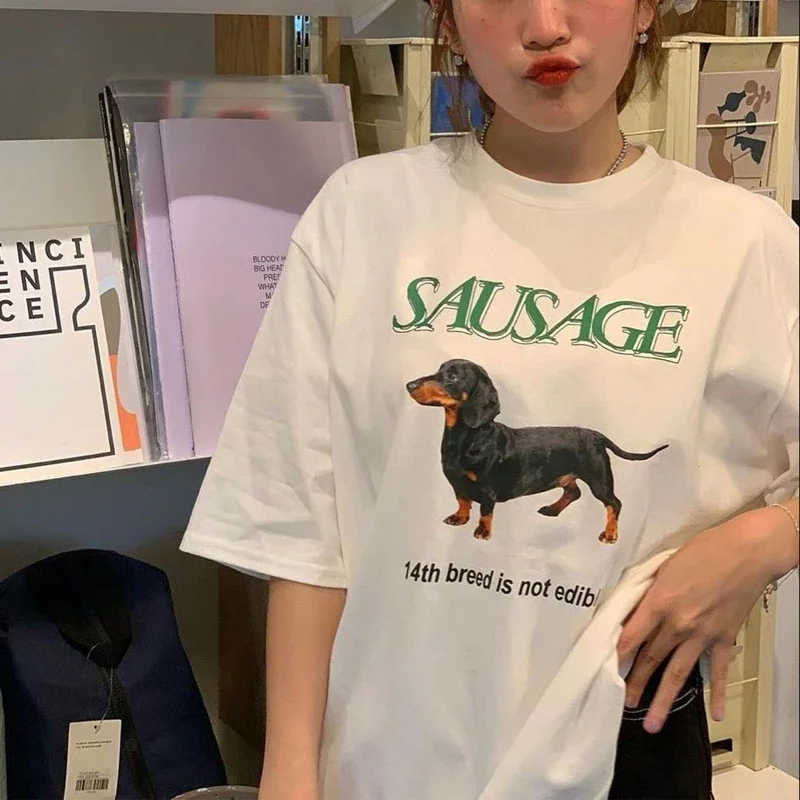 Kawaii Sausage Dog Print T Shirt Women Funny Oversized Fashion Streetwear Tops Cute T-Shirts Y2k Aesthetic Tees Clothes