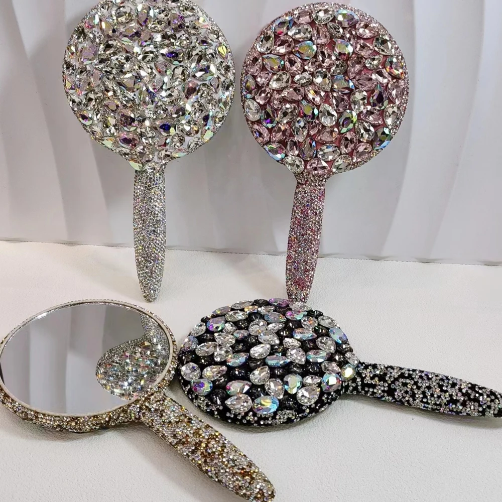 Crystal Diamonds HD Makeup Mirror Handle Single-sided Rhinestones Beauty Salon Powder Room Cosmetic Tools for Women Wholesale