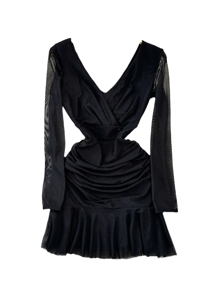 Sexy V-Ne Low-Bust Bal A-Line Skirt Dr Women's Faionable Midi Length Lace Trim Pleated Slimming Me Overlay Dr