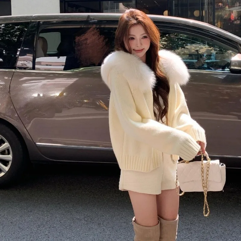 

New Autumn and Winter Models Fur Neck Sweater Hooded Coat Female Lazy Wind Knit Cardigan Zipper Sweater Thick Blouse