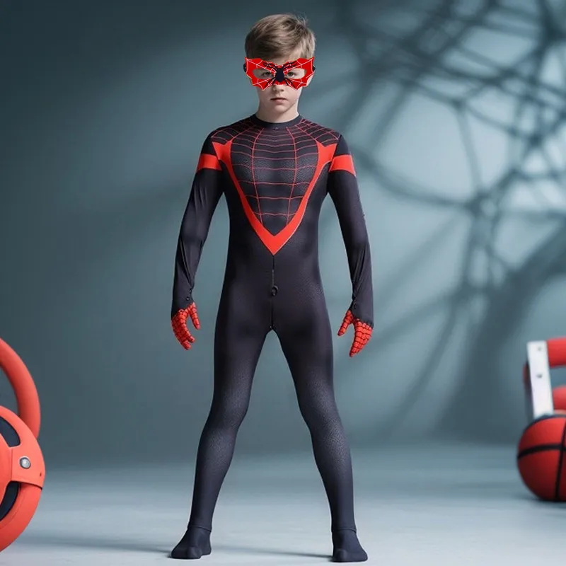 Kids Superhero Costume Stretchable Mesh Bodysuit Boys Girls Role Play Party Wear Halloween Mask Cosplay Performance Outfit