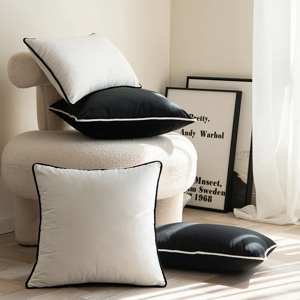 30x50/45x45cm Modern Minimalist Velvet Throw Pillow Cover White Black Rolled Rope Edging Solid Cushion Cover for Home Decor