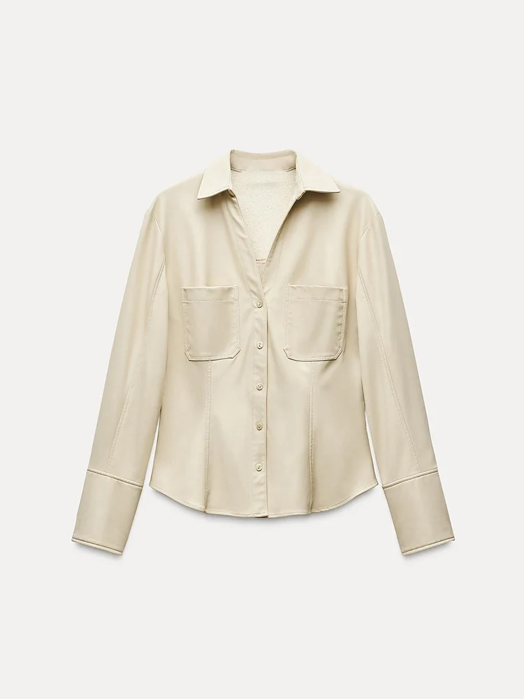 Csa de Couro Sintético de Manga Longa na Moda Fena Slim Fit com Gola de Aba Botões Nova Chegada Outono 2024 92872