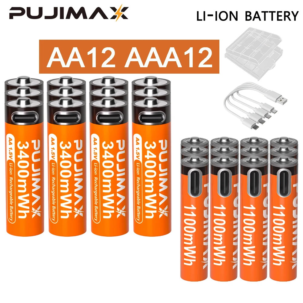 PUJIMAX 1,5 V AA en AAA oplaadbare lithiumbatterij 3400 mWh/1100 mWh, Type-C-poort Opladen worden hergebruikt 1500 keer voor wekkers