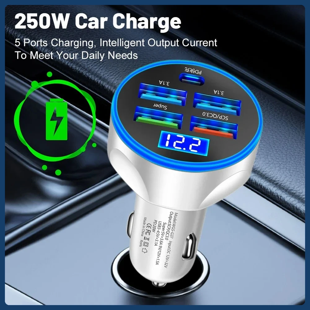 250 واط PD شاحن سيارة 5 منافذ شحن سريع PD QC 3.0 USB C سيارة شاحن سريع نوع-C محول في سيارة آيفون سامسونج شاومي