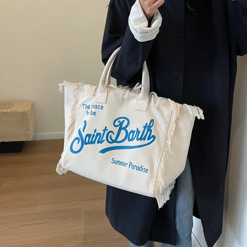 2024 neue Umhängetasche European American Beach Schulter tasche mit großer Kapazität hand gefertigte Einkaufstasche mit Fransen und Denim-Print