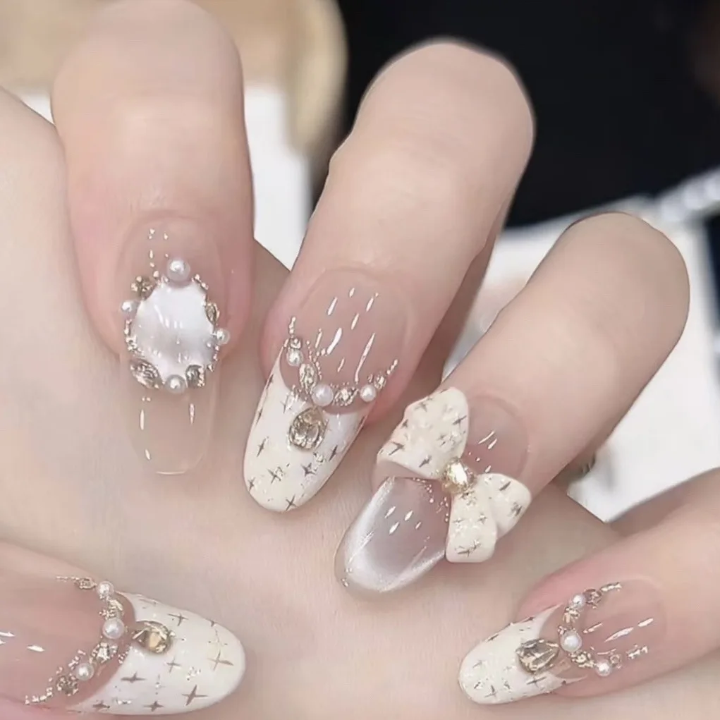 

10pcs Handmade Press on Nails Medium Oval French Cat Bow Full Coverage Nail Tips for Women&Girl Detachable Wearable Fake Nail