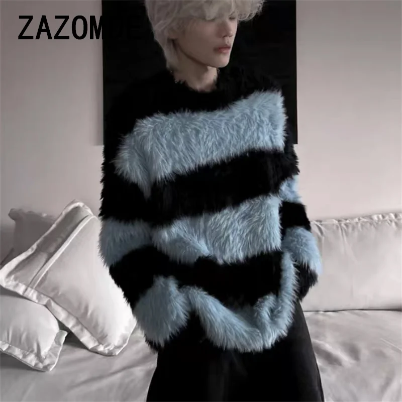 ZAZOMDE  Autumn Winter Fashion Man Loose Sweater Casual O Neck Long Sleeves Solid Color With Stripes Outwear Sweater Clothing