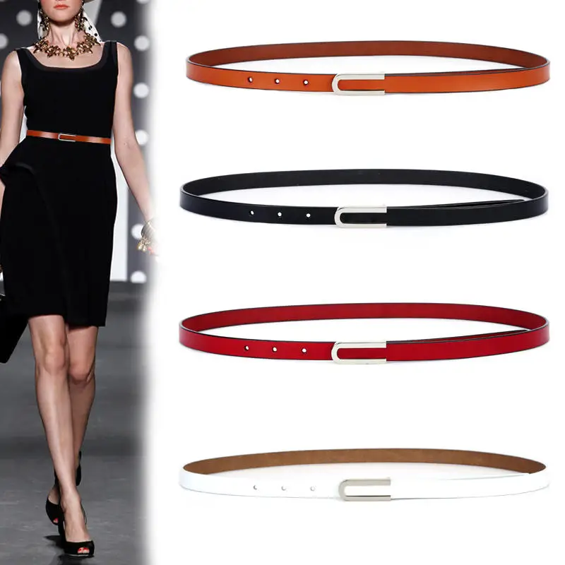 

Women's Fashion Skinny Slim Belt Soft Genuine Leather Belts Waistband Thin Waist Belt Silver Buckle girdle