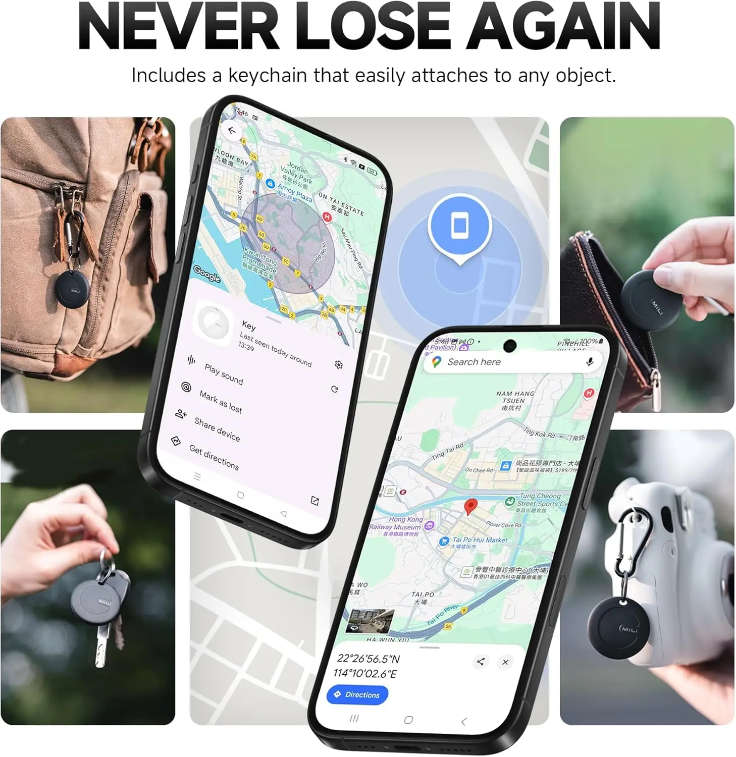 MiLi Smart Bluetooth Tracker per ricerca oggetti Android Funziona con Google Trova hub Dispositivo Finder per valigia da viaggio chiave, zaino