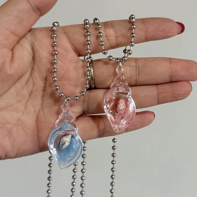 Koreanische Mode Gelee Shell Harz Anhänger Halskette für Frauen Nette Ungewöhnliche Y2K Metall Perlen Hals Kette Süße Coole Stil