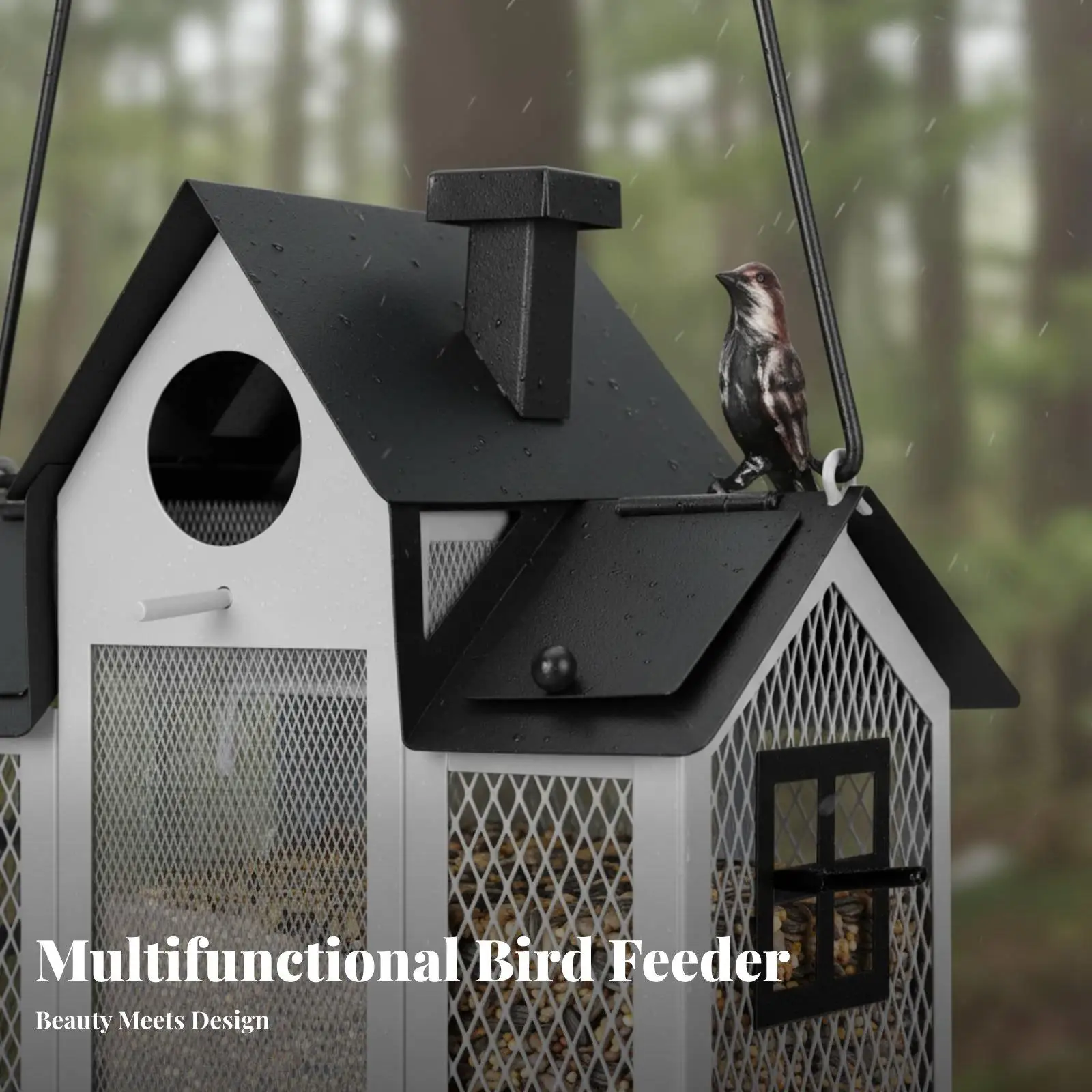 Hanging Solar Bird Feeder House Metal Sturdy for Outdoor Garden Patio Large Capacity Transparent Panels for Wild Birds