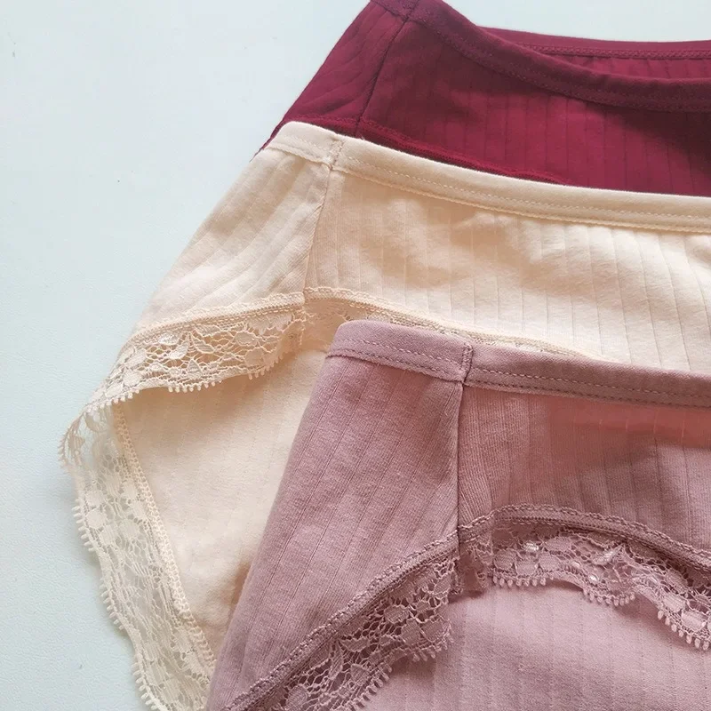 3Pcs/Set Cotton Panties Women Briefs Female Underpants Solid Color Panties Underwear With Lace Edging Sexy Lingerie Intimates