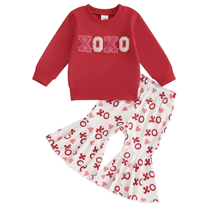 Toddler Baby Girl Outfits Letter Embroidery Long Sleeve Sweatshirt with Heart Pattern Flare Pants