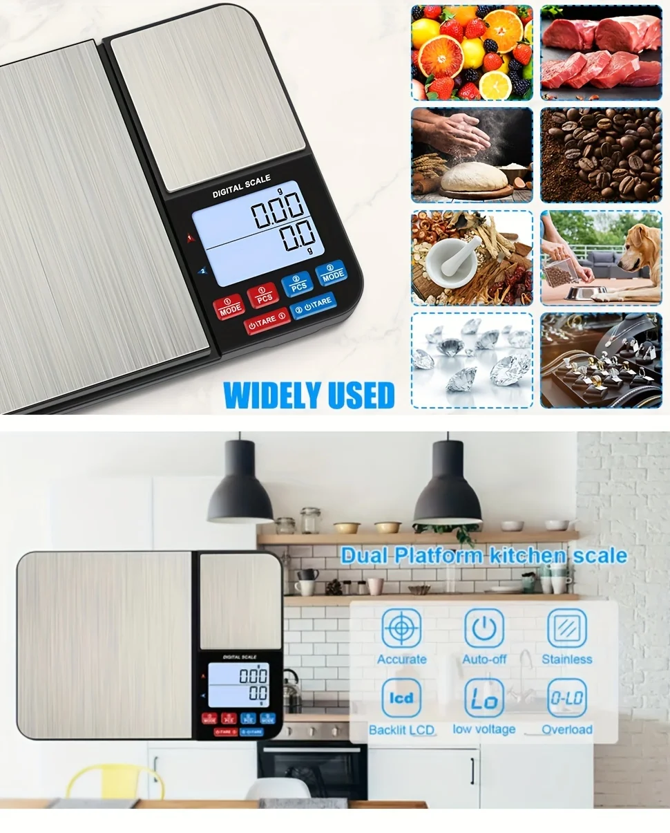 Große digitale Küchenwaage mit zwei Plattformen, 1 Stück, mit zwei Genauigkeiten: 0,01 g/0,001 oz und 0,1 g/0,01 oz, maximale Kapazität 5 kg/11 lb – Detail 3