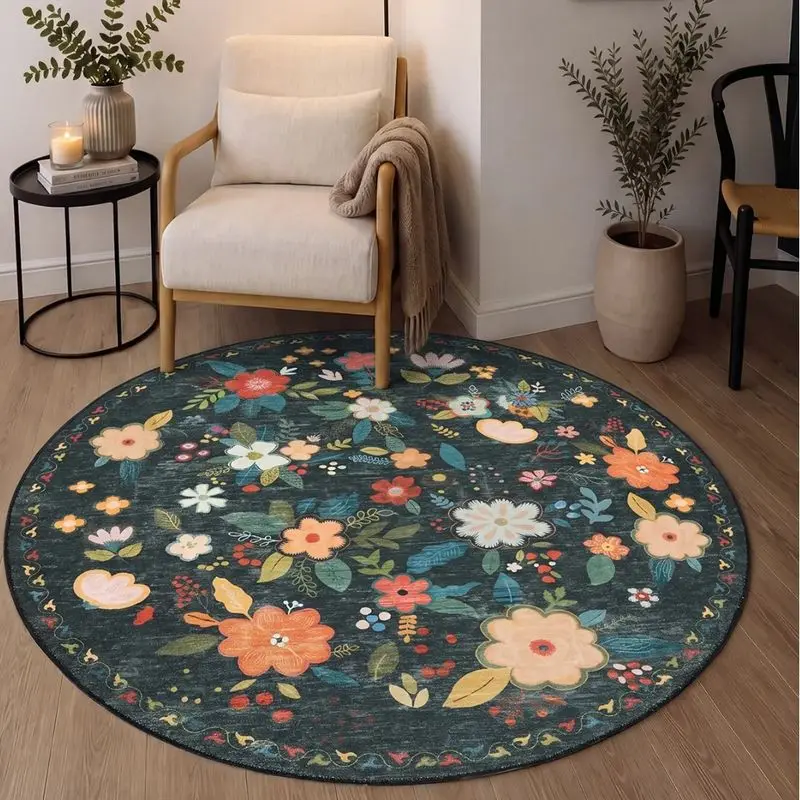VIKAMA Colorful Watercolor Floral Circular Area Rug Short Pile Non Slip Soft Carpet Living Room Bedroom Nursery Home Decor