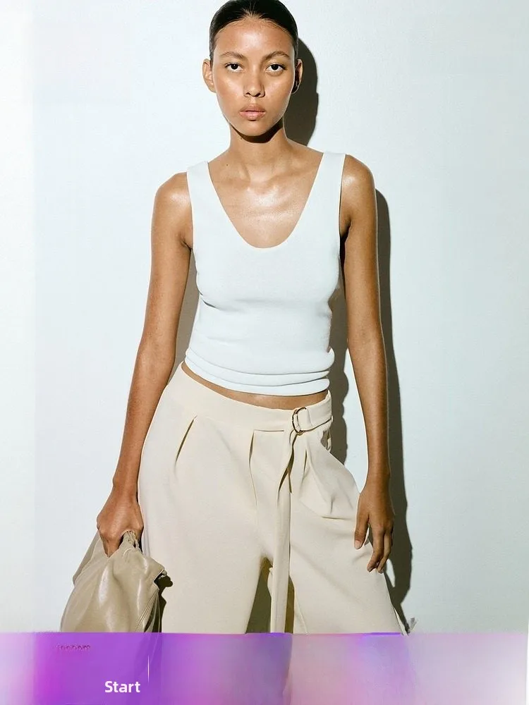 Fashionable Loose Straight Leg Belted Trousers for Women Summer High Waist Polyester And Spandex Business Casual Pants