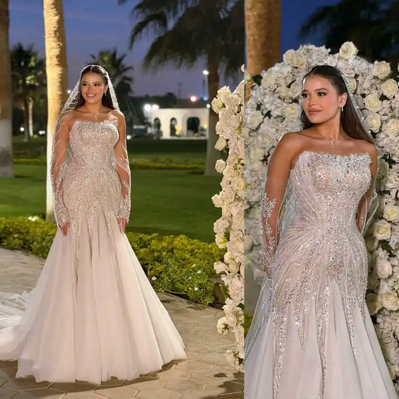 

Sparkling Sequins A Line Wedding Dresses Jewel Long Sleeve Bridal Gowns Crystals Beaded Vestidos De Novia Customized