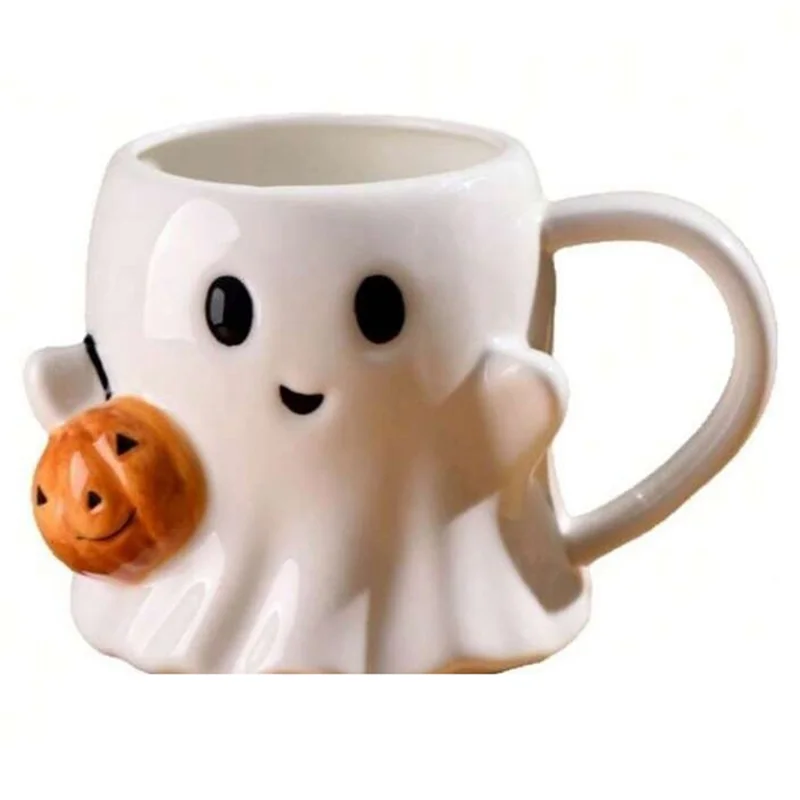

FYBL-Cute Halloween Coffee Mug Ghost Pattern, White Pumpkin Design, Handmade Gift Set