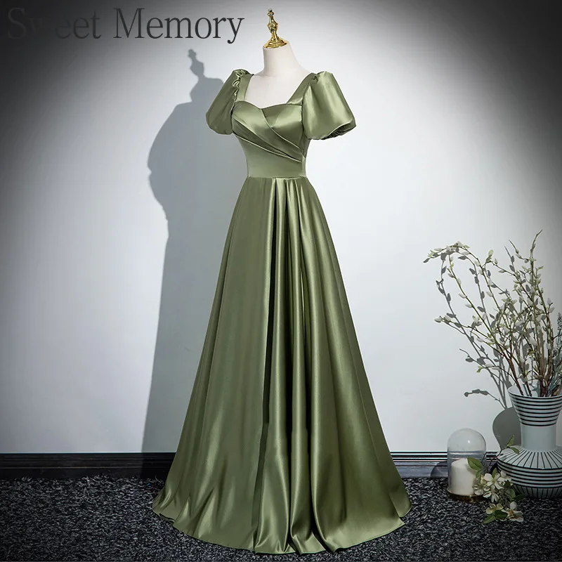 Robe de Soirée en Satin à Col Carré Vert Personnalisé, Tenue Élégante de Bal de Promo d'Anniversaire, sur Mesure, D4119