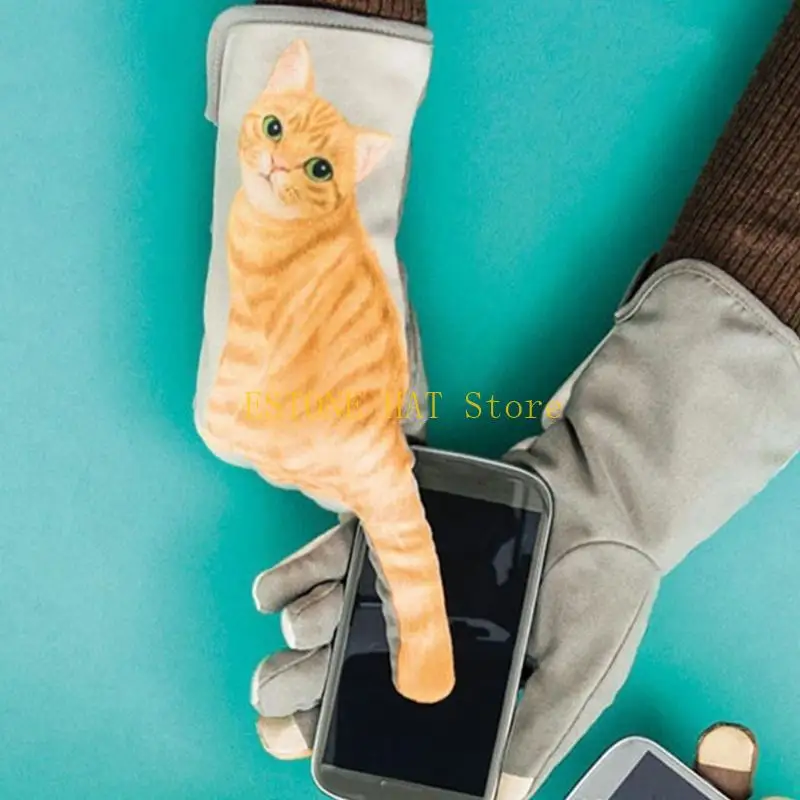 49mfの女性冬のかわいい子猫の尾の指のタッチスクリーングローブ漫画3Dデジタルプリントフェイクフリース裏地のサーマルウォームミトン