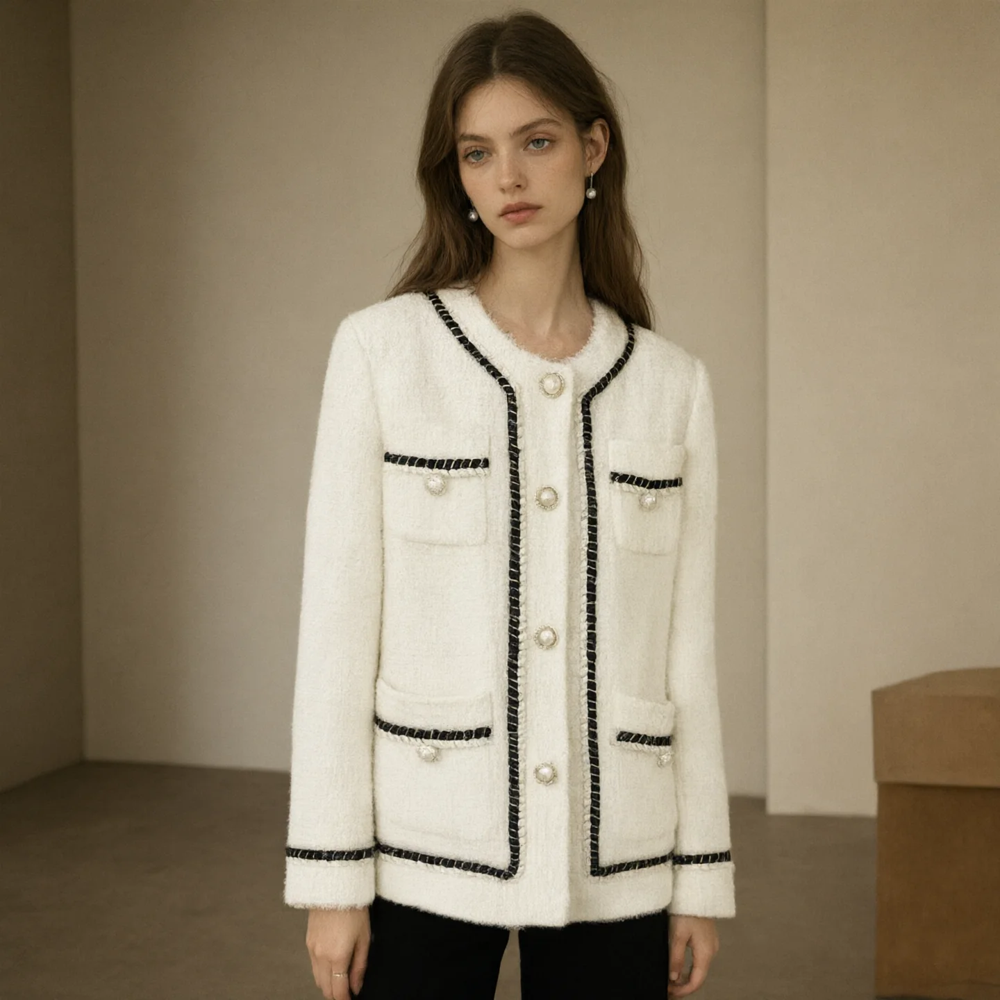 Women Chic Faux Fur Jackets Cardigan Coats Pearl Black Chain Long Sleeve Elegant Winter Fashion Outerwear Casual Ladies Sweater