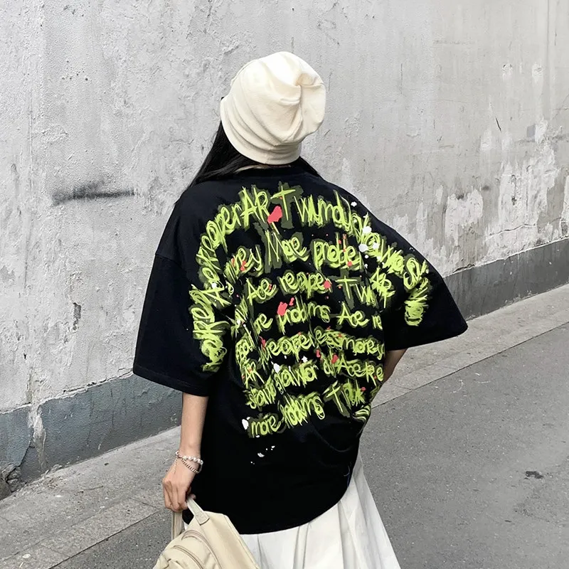 Y2k Aesthetic T-shirt Women Loose Letter Print O Neck Short Sleeve Streetwear Tops Women 2024 New Grunge Harajuku Oversized Tees