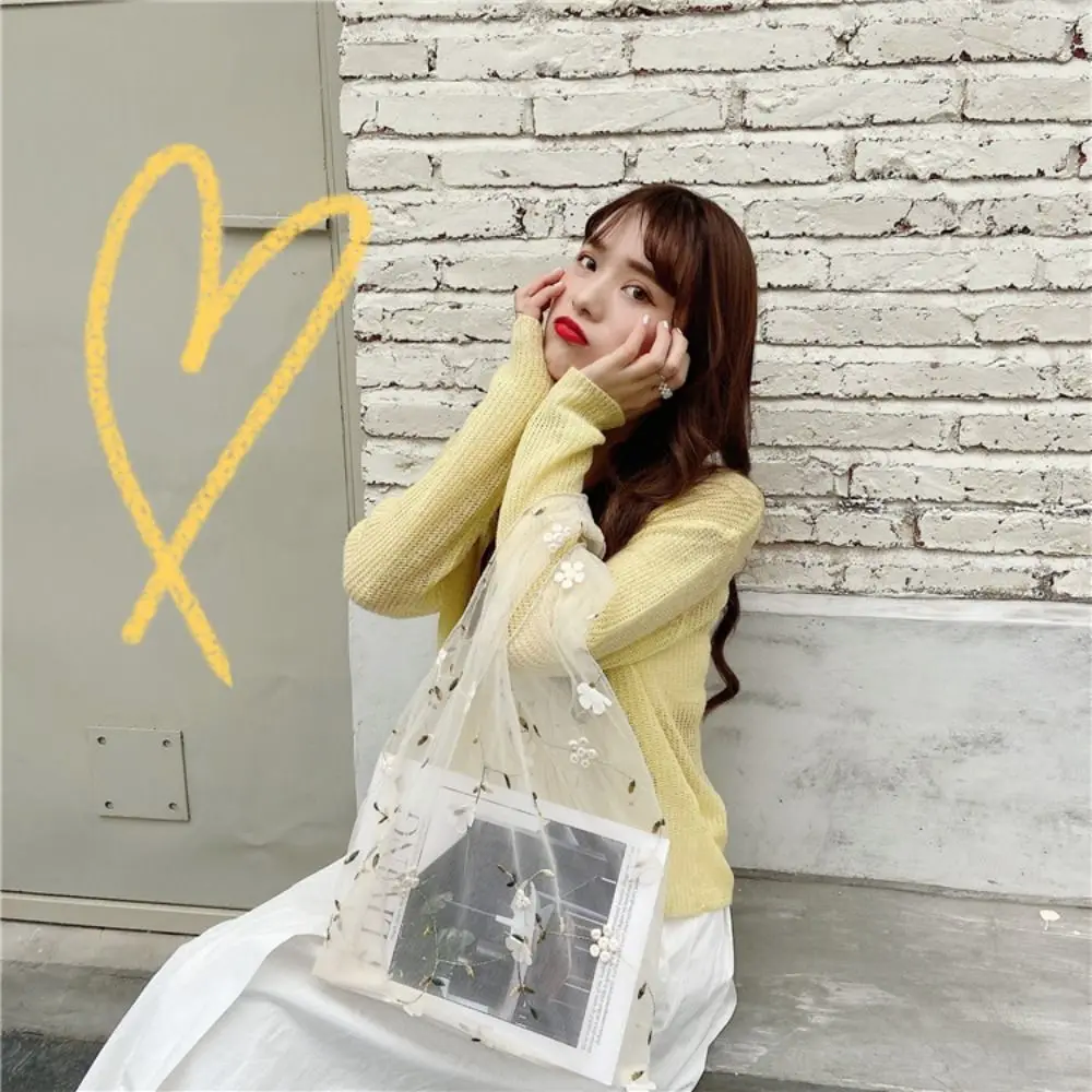 Flower Transparent Handbag Reusable Large Capacity Cloth Shopping Bag Mesh Storage Bag Embroidery Bag Streetwear