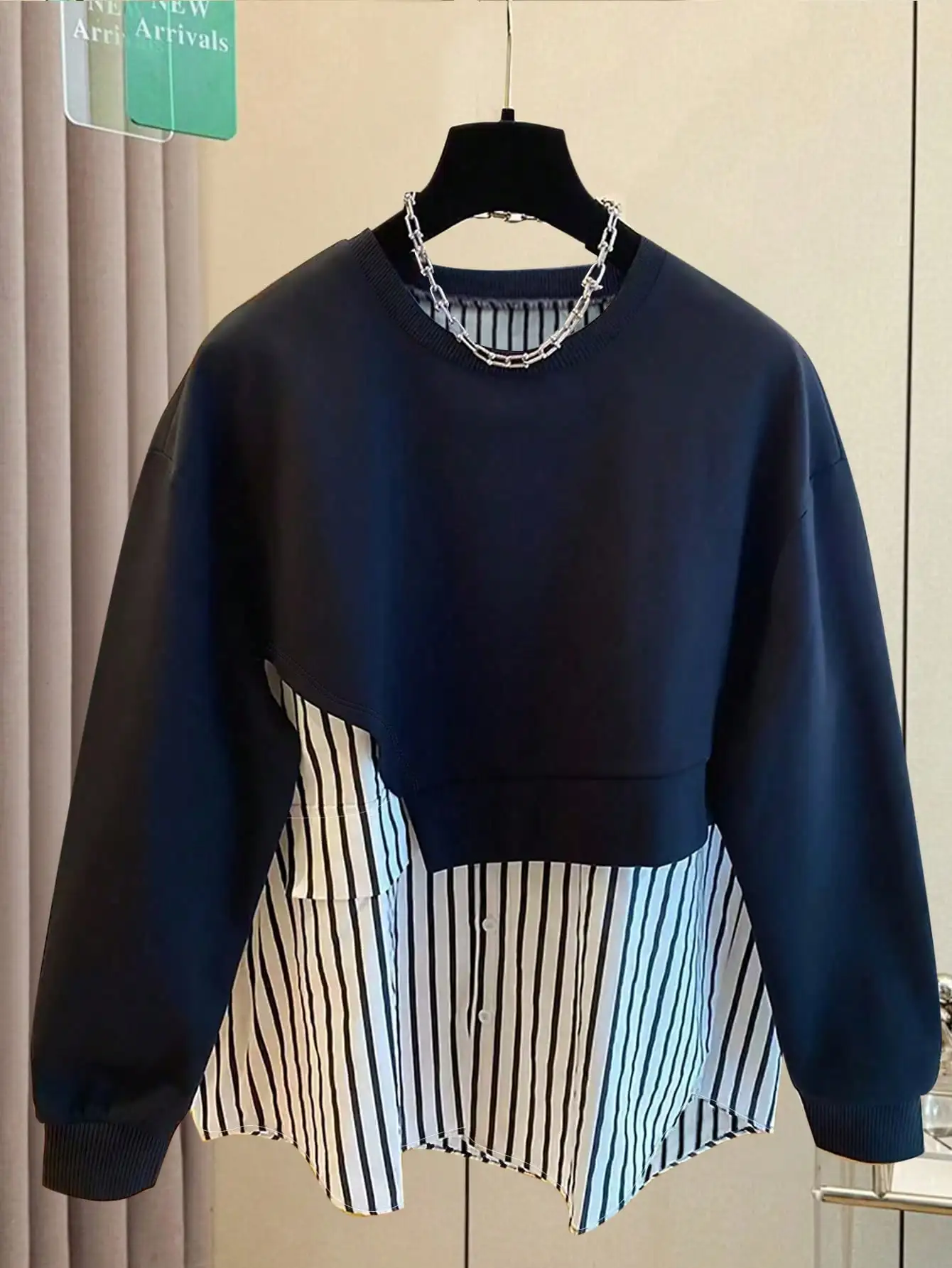 Sudadera informal con cuello redondo y retales a rayas para mujer, Top de manga larga holgado de otoño