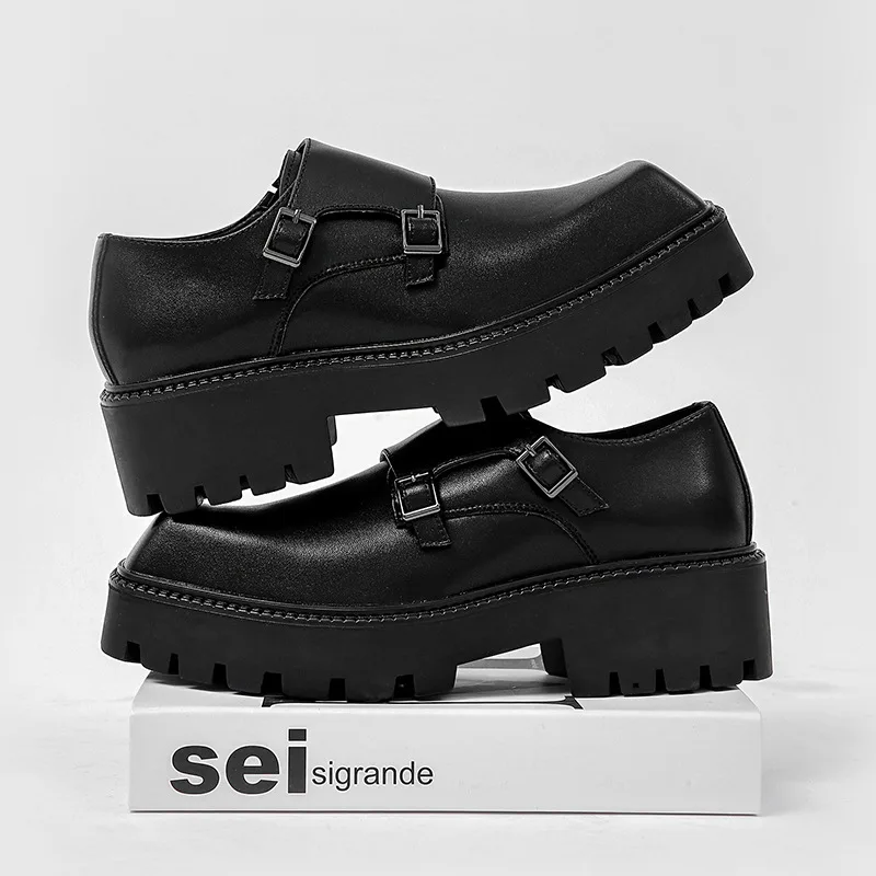 men fashion platform shoes slip-on monk shoe punk rock dress black trendy original leather loafers square toe sneakers footwear