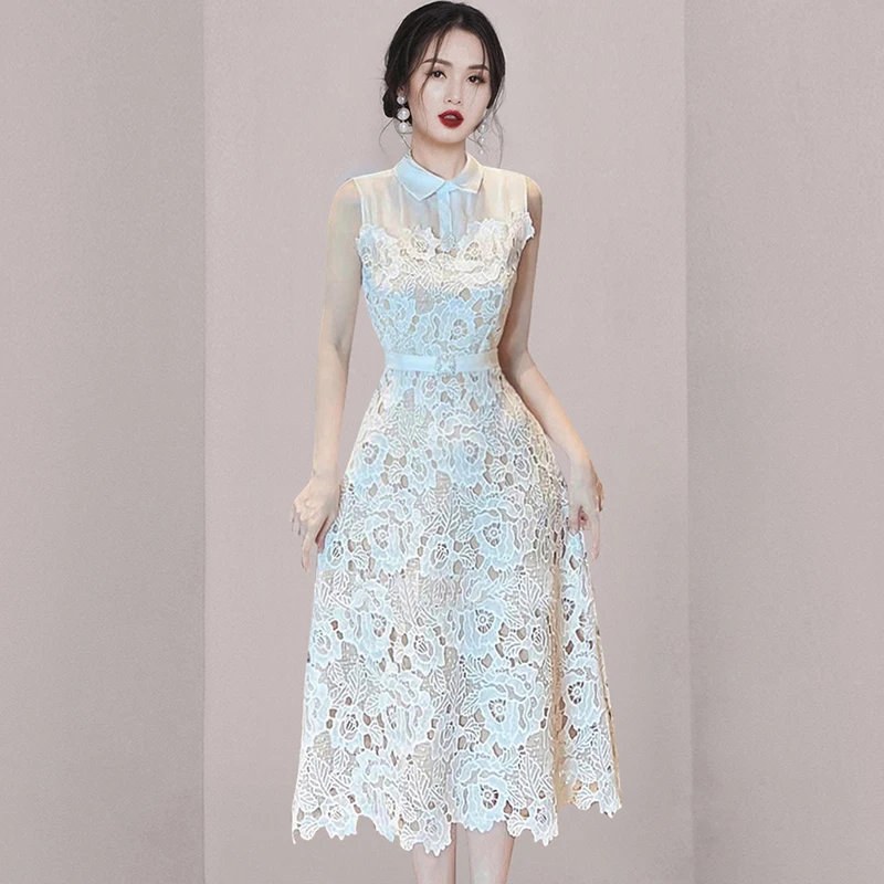 

Runway Crochet White Lace For Women's Summer Embroidery Party Elegant Dress Vestido Robe