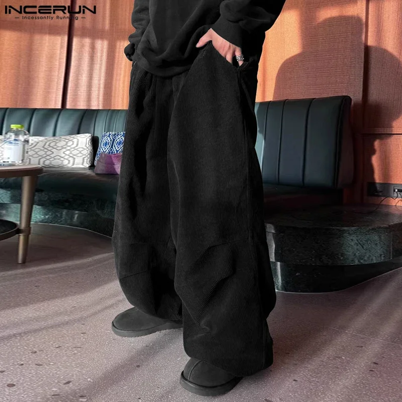 

INCERUN Men Pants Solid Color Elastic Waist Joggers Oversize Wide Leg Trousers Men Streetwear 2025 Corduroy Pleated Long Pants
