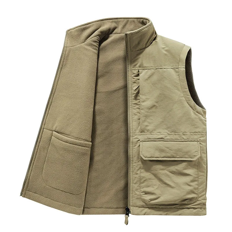 Reversible Sleeveless Vest Jacket Men Thicken Warm Fleece Winter Waistcoat Man Solid Casual Zipper Stand-Up Collar Cargo Vest